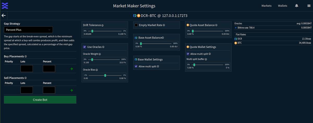 Market Maker Settings UI in DCRDEX